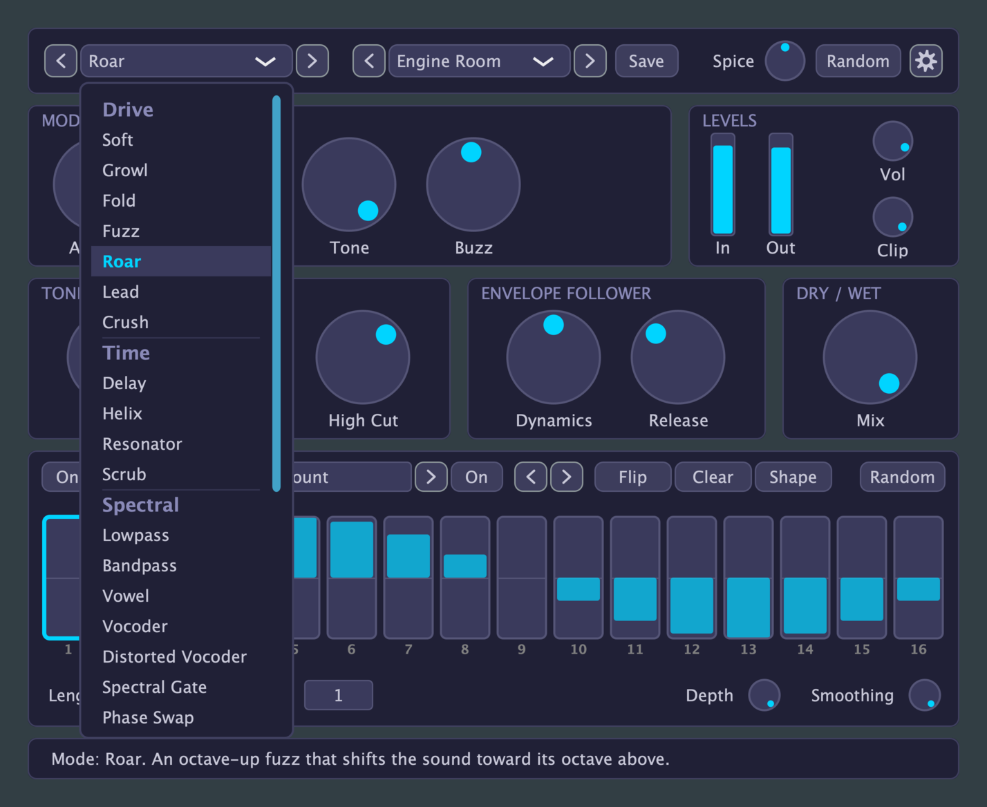 Disto Disco - dark theme, the mode list open