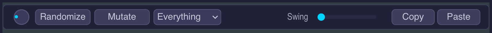 Little Arp Monster: the top action bar with Spice, Randomize, Mutate, scope, Swing, Copy and Paste