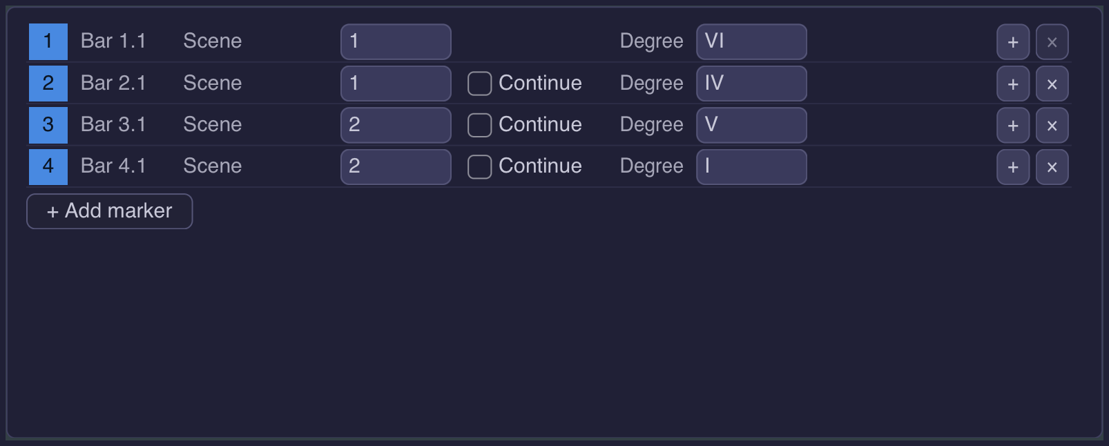 Little Arp Monster: the Arranger marker editor with one row per marker