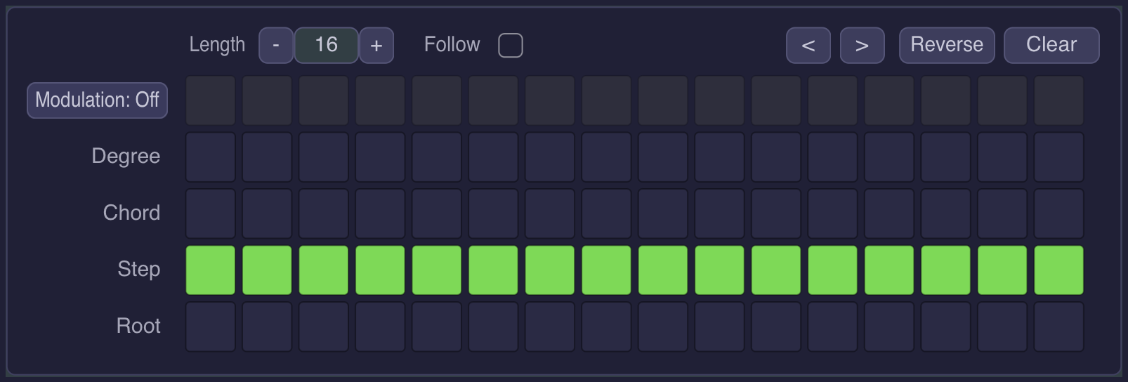 Little Arp Monster: the Step Grid with its action row, the Modulation Lane and the Degree, Chord, Step and Root rows