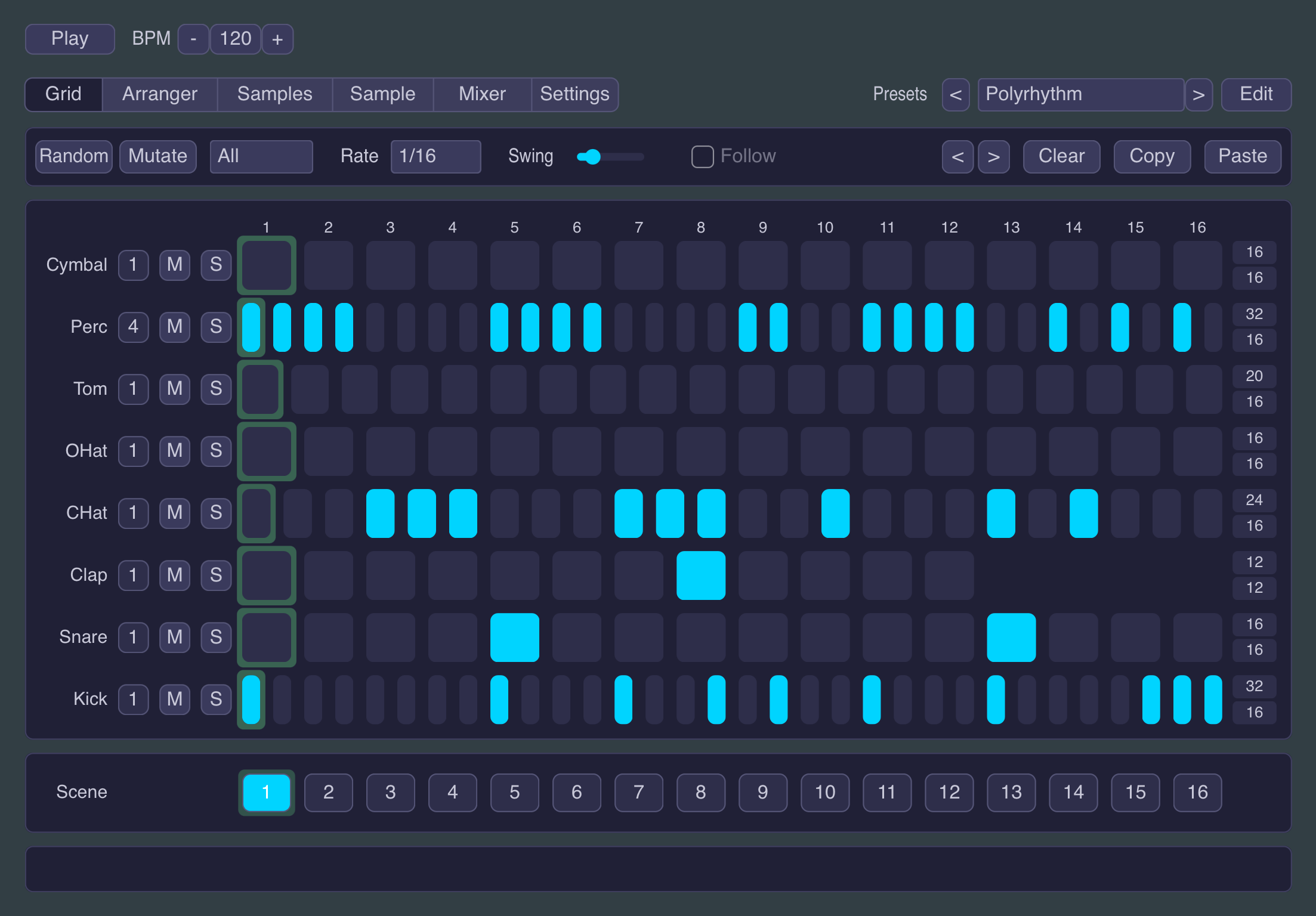 Little Drum Machine - the Grid tab with Polyrhythm on