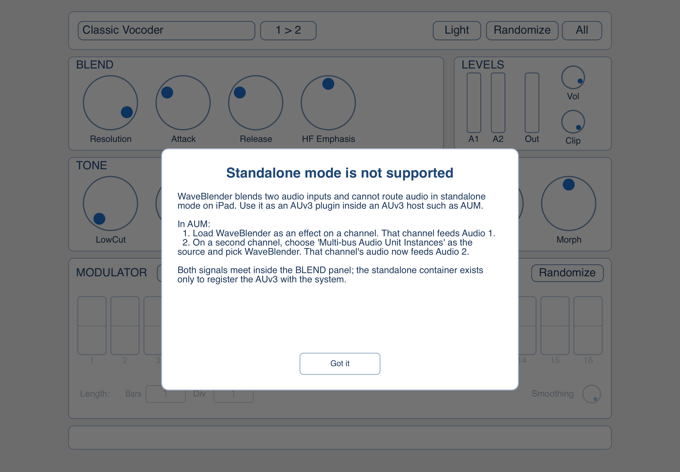 WaveBlender: standalone routing notice on iPad