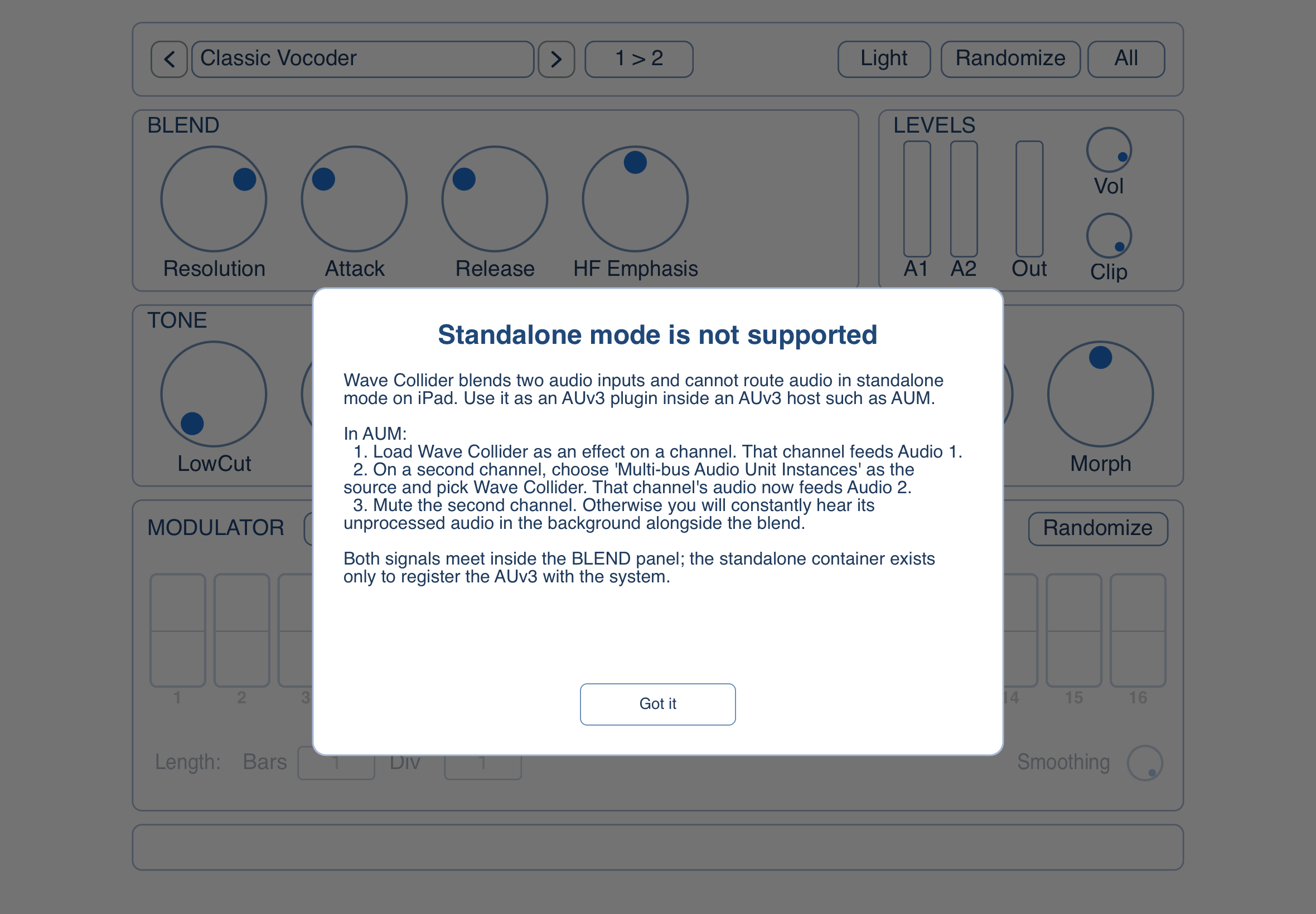 Wave Collider: standalone routing notice on iPad